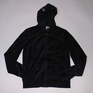 Y2K Juicy Couture Black Zip Up Jacket With White Outlined Logo On The Hood